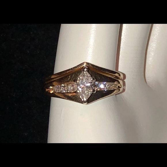 14K Gold Diamond Wedding Band Set, Marquise & Rounds - Picture 2 of 16